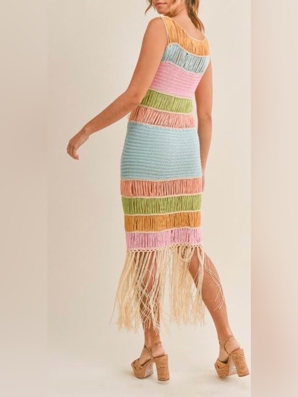 Crochet Fringed Striped Knit Midi Dress in Multicolor - Picture 2 of 10